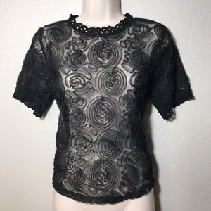 Peach black sheer floral lace detail blouse